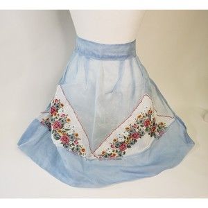 Vintage 1950s 60s Hostess Cocktail Half Apron Blue Organza Floral One Size